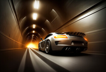 Obraz na płótnie Canvas Ai-Generated 3D Render of a Racecar Driving Fast Through a Tunnel at Night