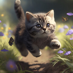 cat playing in a field, springtime, IA generative