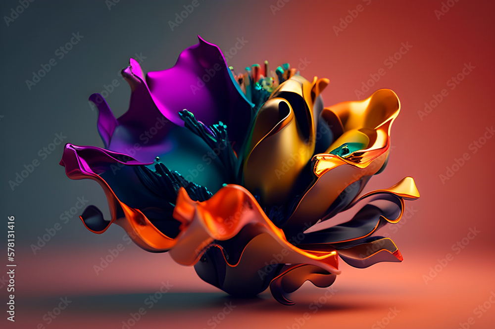 Poster three-dimensional flower from paint streaks, abstraction in the form of a flower on a simple backgro