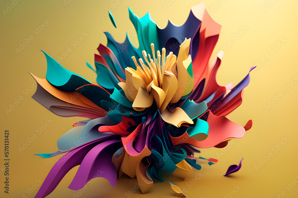 Poster three-dimensional flower from paint streaks, abstraction in the form of a flower on a simple backgro