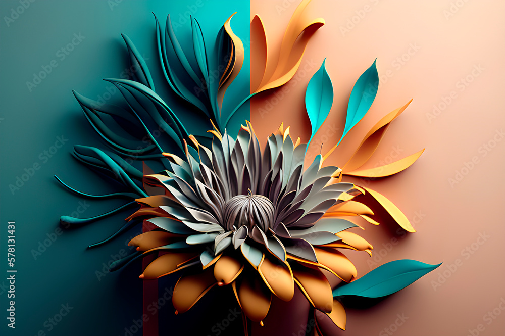 Poster three-dimensional flower from paint streaks, abstraction in the form of a flower on a simple backgro