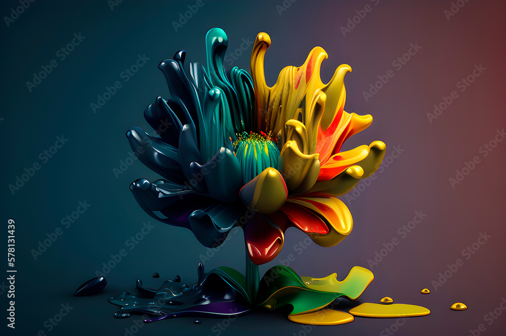Poster three-dimensional flower from paint streaks, abstraction in the form of a flower on a simple backgro