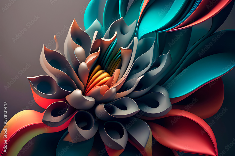 Poster three-dimensional flower from paint streaks, abstraction in the form of a flower on a simple backgro