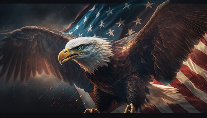  Bald eagle flies against American flag background created with generative AI technology