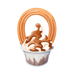 Ice cream with drips of chocolate sauce and churro vector illustration. Cartoon isolated cup with soft summer dessert and churro stick, vanilla sundae with crispy biscuit and sugar powder decoration