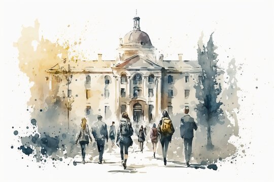 Silhouettes Of Students Walking Near University Building, Watercolor Illustration, Generative AI