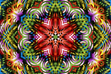 Beautiful caleidoscope symmetrical colourful gradient flowers line art of traditional background batik dayak ornament design template elements
