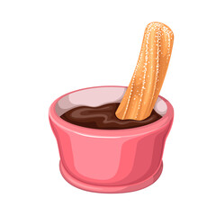 Churro stick in cup with chocolate sauce vector illustration. Cartoon isolated bowl of brown liquid choco dip with traditional hot cake of Mexican and Spanish cuisine, delicious churro dessert