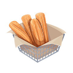 Bunch of churros in box vector illustration. Cartoon isolated group of churro sticks in sugar powder cover, bowl with paper towel and crunchy dessert for breakfast, food made from fried choux pastry