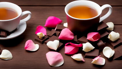 Fototapeta na wymiar Delicious chocolate on a wooden table and two cups of fragrant hot tea, rose petals. Created with generative AI