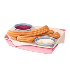 Churros pile in paper box with cups of chocolate sauces vector illustration. Cartoon isolated takeaway fast food container with churro sticks in sugar powder cover, bowls of brown and white choco dip