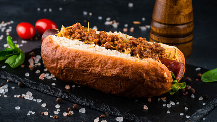 Hot dog with sausage, minced beef, fried onions, pickled cucumbers, cheese and lettuce.