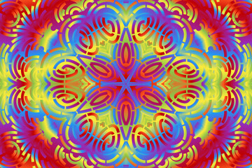Beautiful caleidoscope symmetrical colourful gradient flowers line art of traditional background batik dayak ornament design template elements
