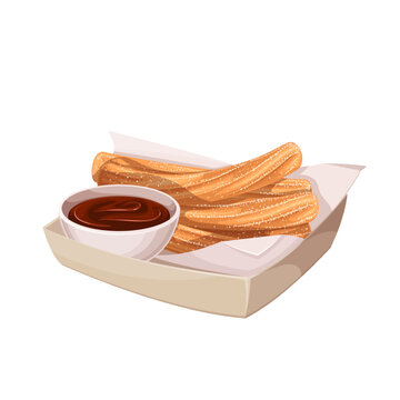 Churros Pile In Paper Box With Bowl Of Chocolate Sauce Vector Illustration. Cartoon Isolated Container With Heap Of Churro Sticks In Sugar Powder Cover For Eating And Dipping Into Cup Of Choco Dip