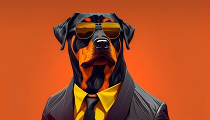 Fashion rottweiler in color suit with sunglasses on a solid color background, vector art, digital art, faceted, minimal, abstract, geometric. Generative AI. - obrazy, fototapety, plakaty