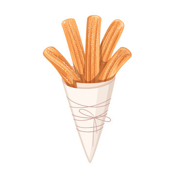 Churros heap in cone paper bag vector illustration. Cartoon isolated churro sticks in sugar powder cover wrapped in street food packaging tied with string, stack of traditional takeaway cakes