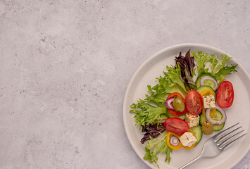 Blank food photography of  feta salad, greek, tomato, cucumber, onion, lettuce, sauce, bell, pepper, cheese, olive, vegetables