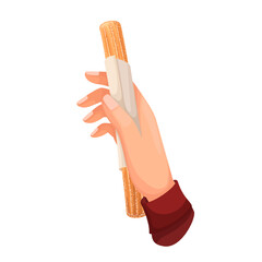 Hand holding churro in paper packaging vector illustration. Cartoon isolated hand of person with sweet churro stick, customer eating street food, tasty dessert for breakfast with sugar powder cover