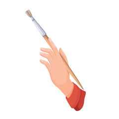 Hand holding brush vector illustration. Cartoon isolated human arm of designer and artists drawing with paintbrush, painter using brush with wooden handle for painting artistic creative artwork