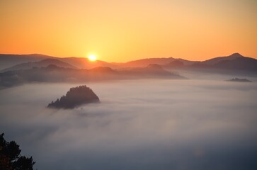 Wonderful morning mountain landscape. Sunrise at the top of Sokolica in Pieniny, Poland.