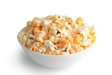 Tasty cheese popcorn in bowl isolated on white background close up. Movies, cinema and entertainment concept.