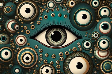 Concept State control. Many Big Eyes . Control over actions. Manipulation, psychological pressure, emotions, disinformation. Surreal Art