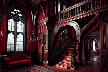 Fototapeta na wymiar Elegant Gothic Exclusive Room with Red and Black Color Scheme and Beautiful Woodwork. Generative AI