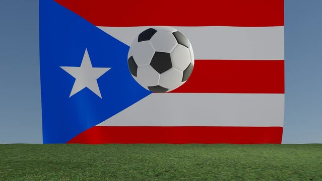 Soccer Football bouncing on grass colliding with viewer in front of Flag of Puerto Rico
