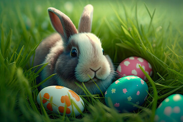 Easter bunny and easter eggs on the green meadow, generative AI