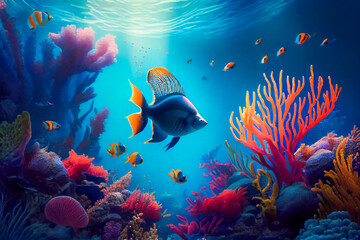 Exploring the Colorful Underwater World. A Collection of Exotic Fish and Coral Reefs.  Generative AI