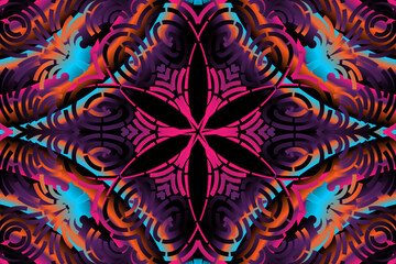Beautiful caleidoscope symmetrical colourful gradient flowers line art of traditional background batik dayak ornament design template elements
