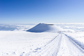 Snowy plateau with a volcano above the clouds, Sicily island