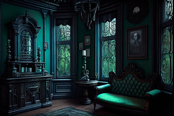 Gothic Scary Exclusive Interior.  Dreadful Appalling Unique Room with Ornamental Woodwork in Green and Black. Generative AI