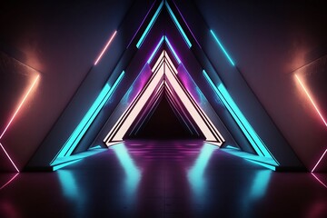 Neon Triangle Dance: Futuristic Sci-Fi Stage with Tilted Lines and Metal Reflective Surface.  - obrazy, fototapety, plakaty
