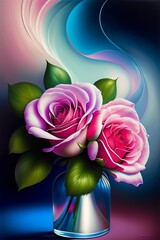 jolies roses dans un vase avec un fond bleu en ia
