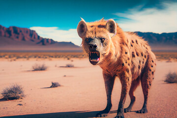 Furious Wild Hyenas in Desert. Generative AI - obrazy, fototapety, plakaty