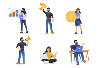 3D business characters that express various business vector illustration 3D render design illustrations set. 3D finance and workers icons