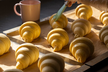 The baker brushes raw formed croissants with egg yolk before baking. Croissant production in the bakery