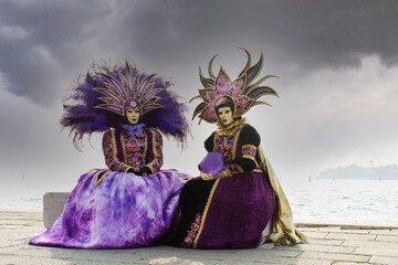 VENICE, Italy - February 17th 2023 - Colorful carnival masks at a traditional festival in Venice...