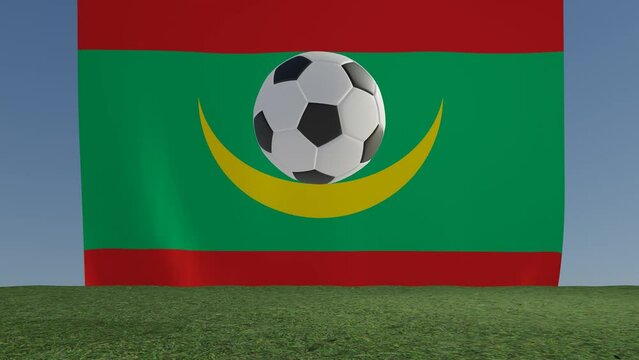 Soccer Football bouncing on grass colliding with viewer in front of Flag of Mauritania