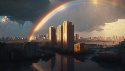 Naklejka premium Rainbow over the city created with generative AI technology