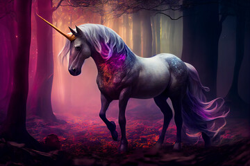 Obraz na płótnie Canvas Majestic Unicorn in a Dreamy Forest. Generative AI