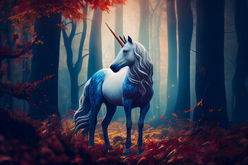 Majestic Unicorn in a Dreamy Forest. Generative AI