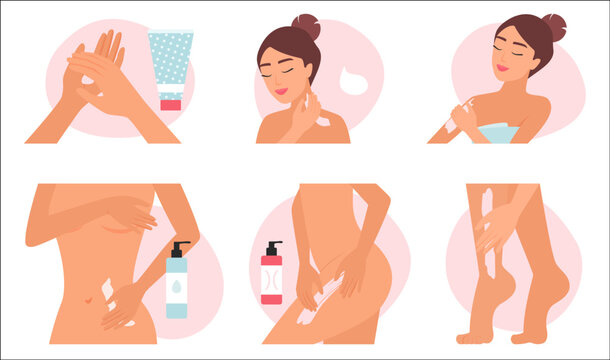 Body skin care set vector illustration. Cartoon skincare infographic collection with female character applying cream or lotion on different parts of body, massage for arms and legs with cosmetics