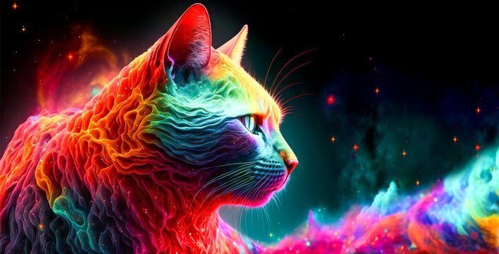 Background with a cat, Brilliant colorful rainbow cat in space.  Image created with generative ai