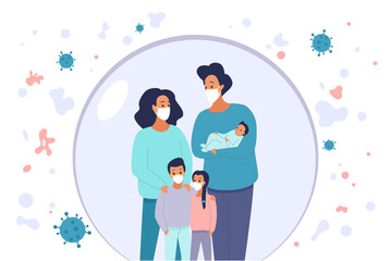 Family in protection bubble vector illustration. Cartoon mom, dad and children characters wearing medical masks to protect health from allergy and infection, healthy habits for disease prevention