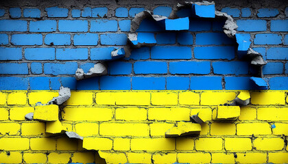 Destroyed brick wall, brick wall painted in the colors of the ukrainian flag - blue and yellow. Ai llustration, fantasy digital, artificial intelligence artwork
