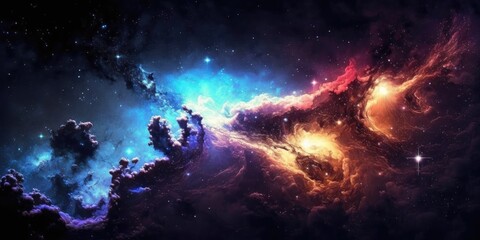 Universe, galaxy, space background. Nebula, planets, starts, suns, and planets colorful wallpaper. Science, astronomy telescope view.