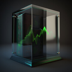 picture of a server and a green stock market graph. locked inside of a large glass box. created with generative ai tools
