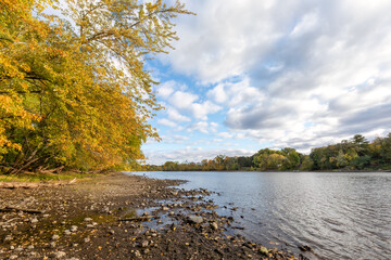 Drought conditions on the Mississippi River near Minneapolis Minnesota reflecting Climate Change